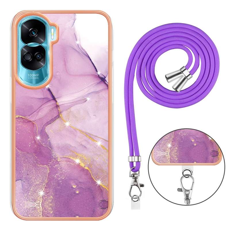 For Honor 90 Lite 5G Electroplating Marble Dual-side IMD Phone Case with Lanyard(Green 003)