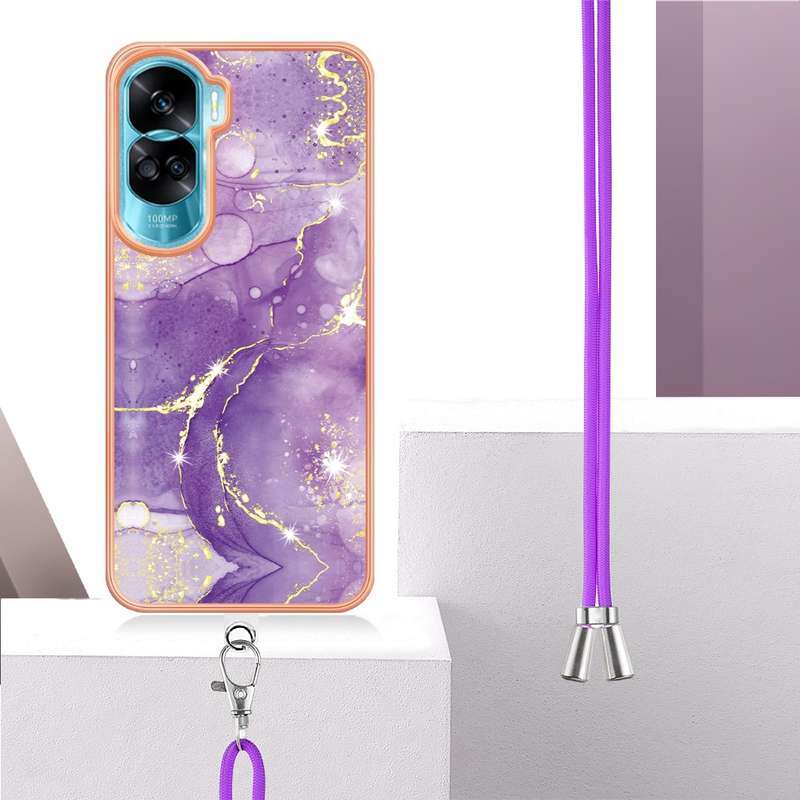 For Honor 90 Lite 5G Electroplating Marble Dual-side IMD Phone Case with Lanyard(Green 003)