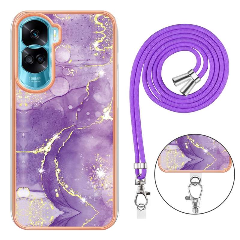 For Honor 90 Lite 5G Electroplating Marble Dual-side IMD Phone Case with Lanyard(Green 003)