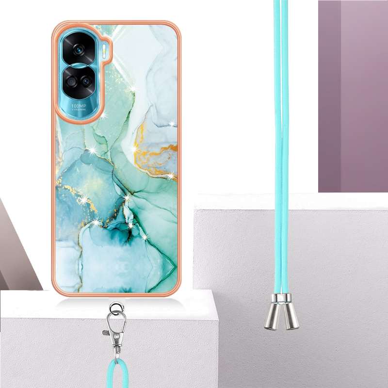 For Honor 90 Lite 5G Electroplating Marble Dual-side IMD Phone Case with Lanyard(Green 003)
