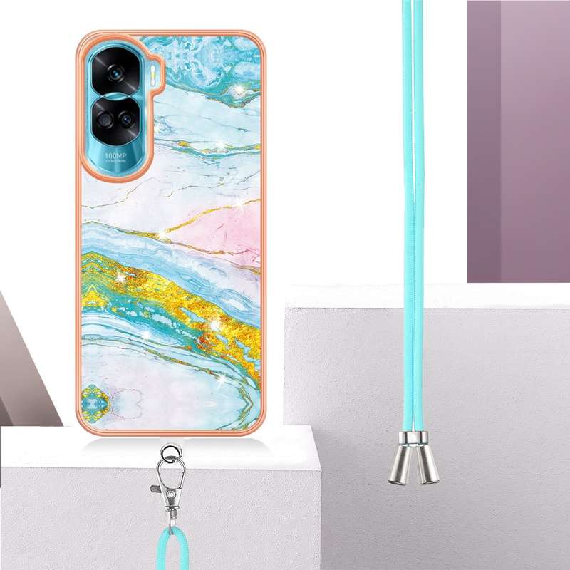 For Honor 90 Lite 5G Electroplating Marble Dual-side IMD Phone Case with Lanyard(Green 003)