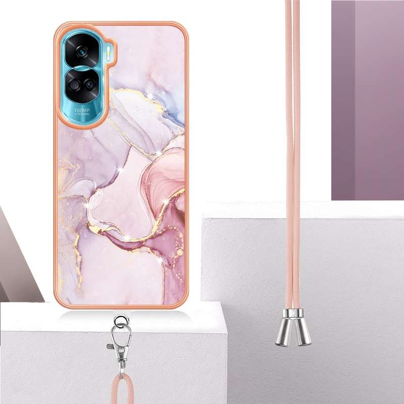 For Honor 90 Lite 5G Electroplating Marble Dual-side IMD Phone Case with Lanyard(Green 003)