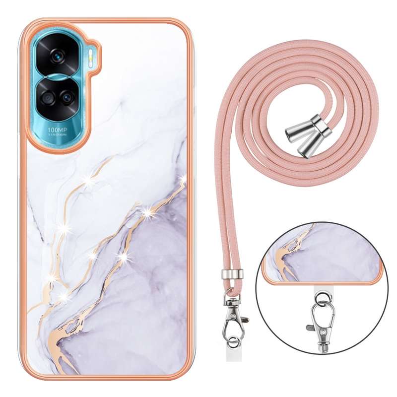 For Honor 90 Lite 5G Electroplating Marble Dual-side IMD Phone Case with Lanyard(Green 003)