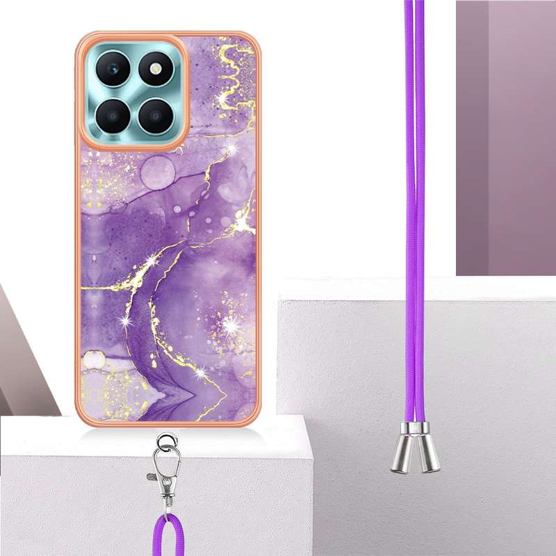 For Honor X6a Electroplating Marble Dual-side IMD Phone Case with Lanyard(Purple 002)