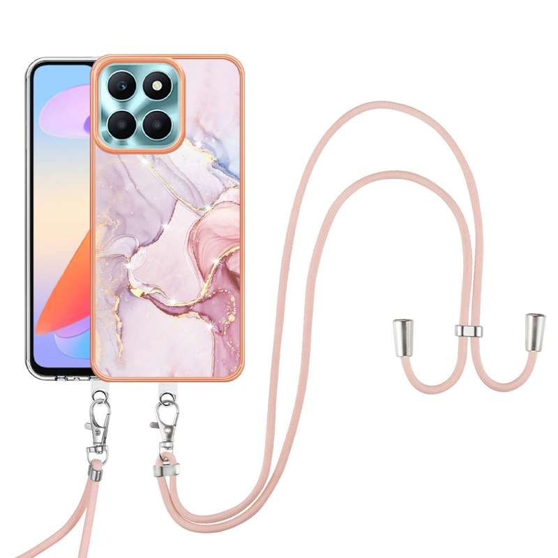 For Honor X6a Electroplating Marble Dual-side IMD Phone Case with Lanyard(Purple 002)