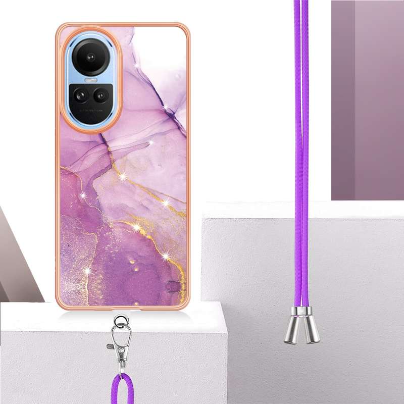 For OPPO Reno10 5G Global Electroplating Marble Dual-side IMD Phone Case with Lanyard(Rose Gold 005)