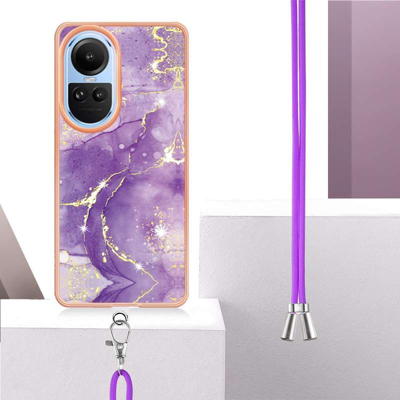 For OPPO Reno10 5G Global Electroplating Marble Dual-side IMD Phone Case with Lanyard(Rose Gold 005)