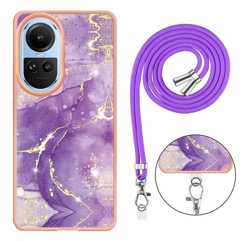 For OPPO Reno10 5G Global Electroplating Marble Dual-side IMD Phone Case with Lanyard(Rose Gold 005)