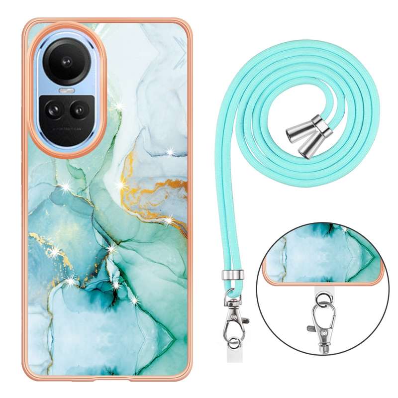 For OPPO Reno10 5G Global Electroplating Marble Dual-side IMD Phone Case with Lanyard(Rose Gold 005)