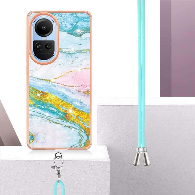 For OPPO Reno10 5G Global Electroplating Marble Dual-side IMD Phone Case with Lanyard(Rose Gold 005)