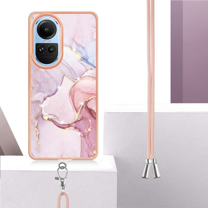 For OPPO Reno10 5G Global Electroplating Marble Dual-side IMD Phone Case with Lanyard(Rose Gold 005)