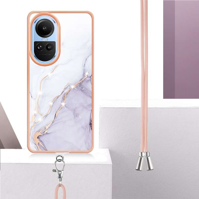 For OPPO Reno10 5G Global Electroplating Marble Dual-side IMD Phone Case with Lanyard(Rose Gold 005)
