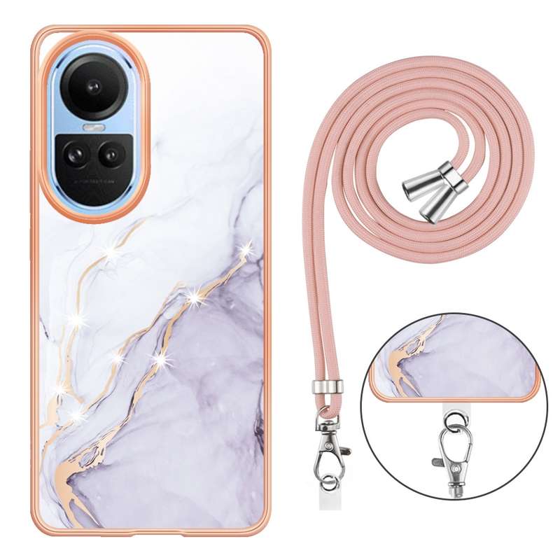 For OPPO Reno10 5G Global Electroplating Marble Dual-side IMD Phone Case with Lanyard(Rose Gold 005)