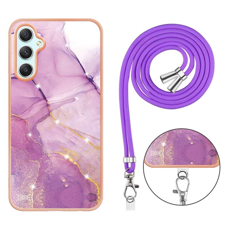 For Samsung Galaxy A24 4G Electroplating Marble Dual-side IMD Phone Case with Lanyard(Rose Gold 005)
