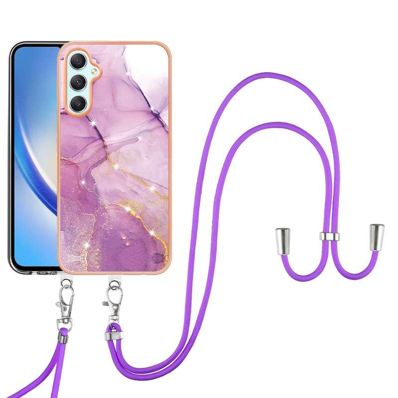 For Samsung Galaxy A24 4G Electroplating Marble Dual-side IMD Phone Case with Lanyard(Rose Gold 005)
