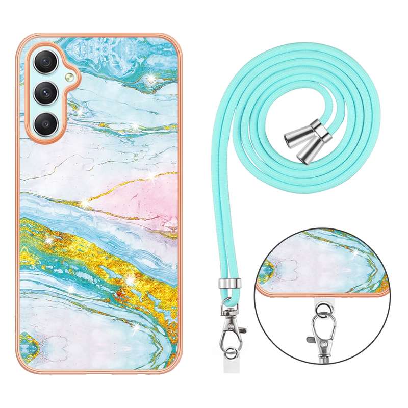 For Samsung Galaxy A24 4G Electroplating Marble Dual-side IMD Phone Case with Lanyard(Rose Gold 005)