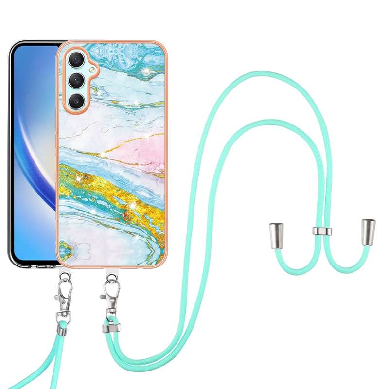 For Samsung Galaxy A24 4G Electroplating Marble Dual-side IMD Phone Case with Lanyard(Rose Gold 005)