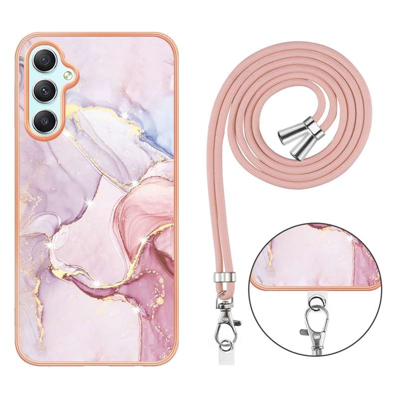 For Samsung Galaxy A24 4G Electroplating Marble Dual-side IMD Phone Case with Lanyard(Rose Gold 005)