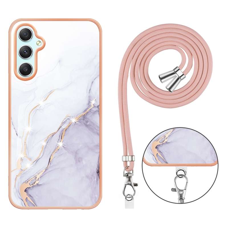 For Samsung Galaxy A24 4G Electroplating Marble Dual-side IMD Phone Case with Lanyard(Rose Gold 005)
