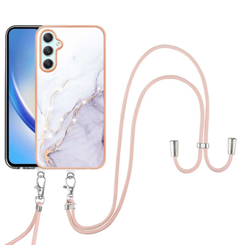 For Samsung Galaxy A24 4G Electroplating Marble Dual-side IMD Phone Case with Lanyard(Rose Gold 005)