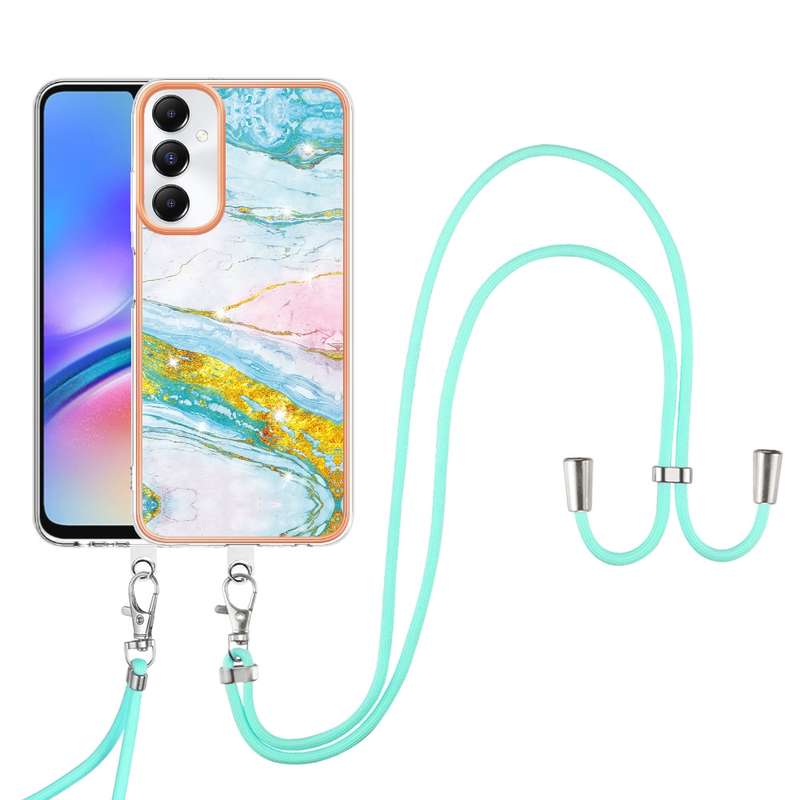 For Samsung Galaxy A05s Electroplating Marble Dual-side IMD Phone Case with Lanyard(Rose Gold 005)