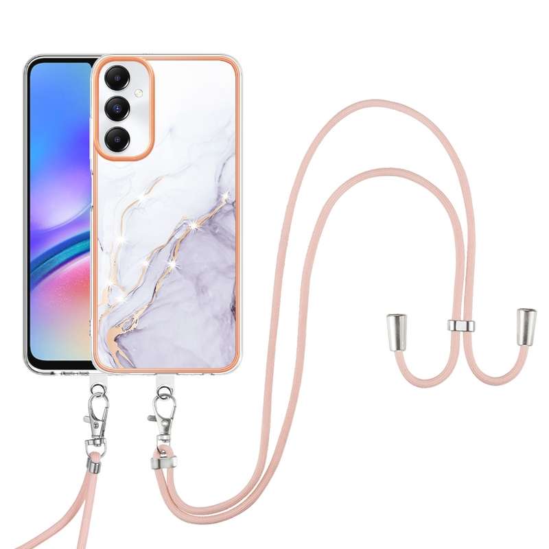 For Samsung Galaxy A05s Electroplating Marble Dual-side IMD Phone Case with Lanyard(Rose Gold 005)