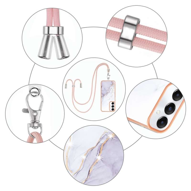 For Samsung Galaxy A05s Electroplating Marble Dual-side IMD Phone Case with Lanyard(Rose Gold 005)