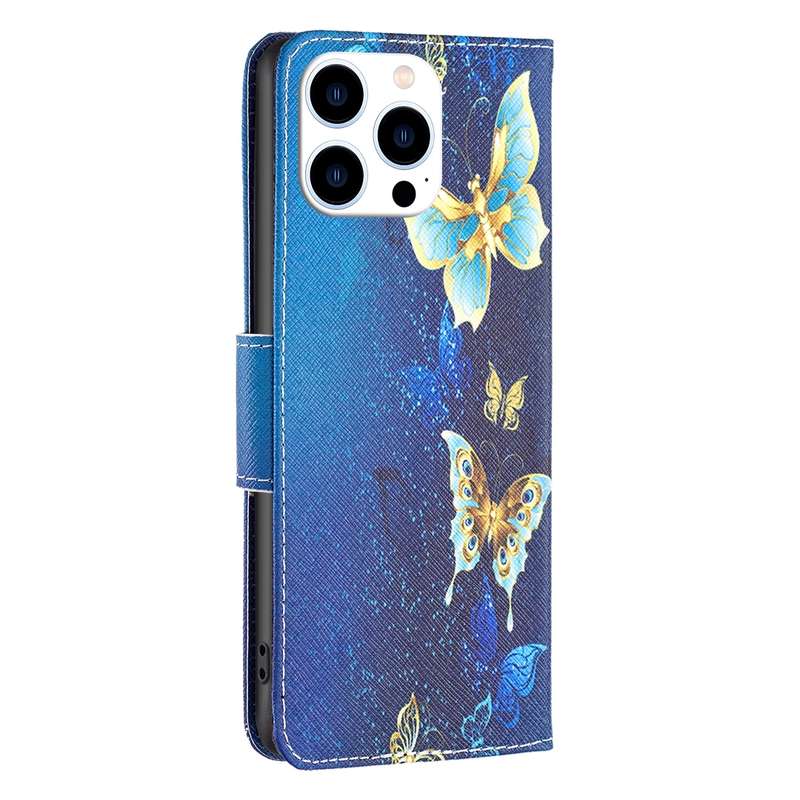 For iPhone 16 Pro Max Colored Drawing Pattern Flip Leather Phone Case(Gold Butterfly)