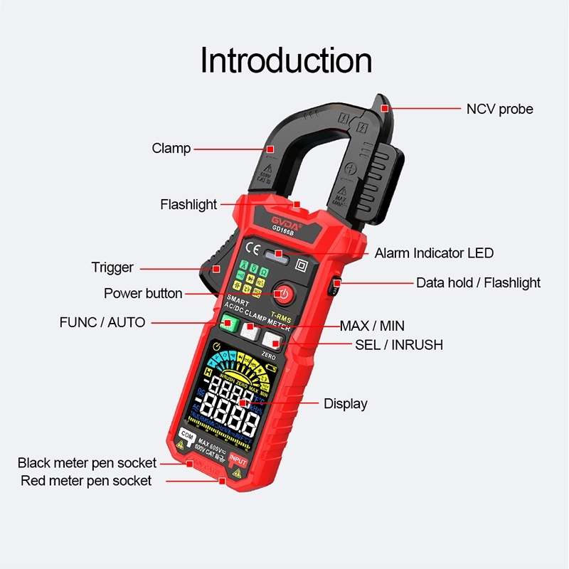 GVDA GD166A Digital Clamp Type Multifunction Intelligent Anti-burn Multimeter