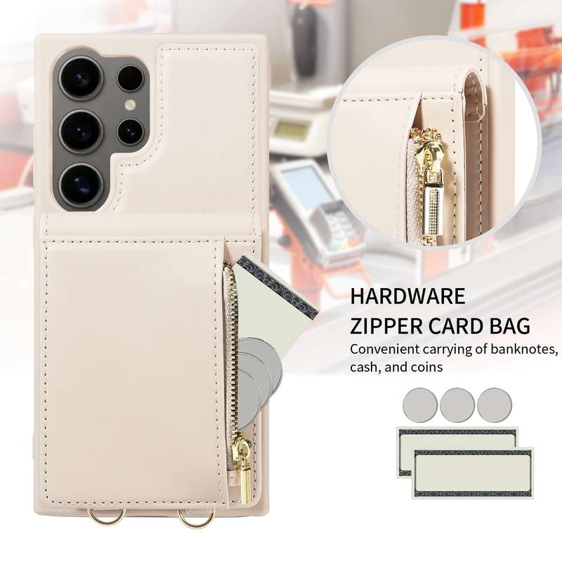 For Samsung Galaxy S24 Ultra 5G Crossbody Lanyard Zipper Wallet Leather Phone Case(Beige)