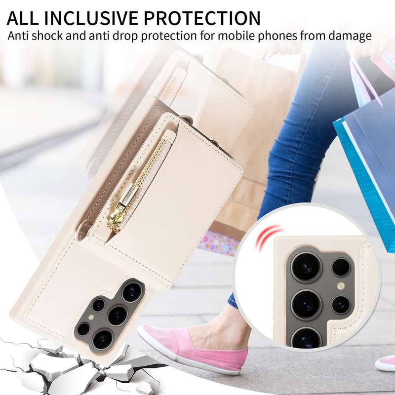 For Samsung Galaxy S24 Ultra 5G Crossbody Lanyard Zipper Wallet Leather Phone Case(Beige)