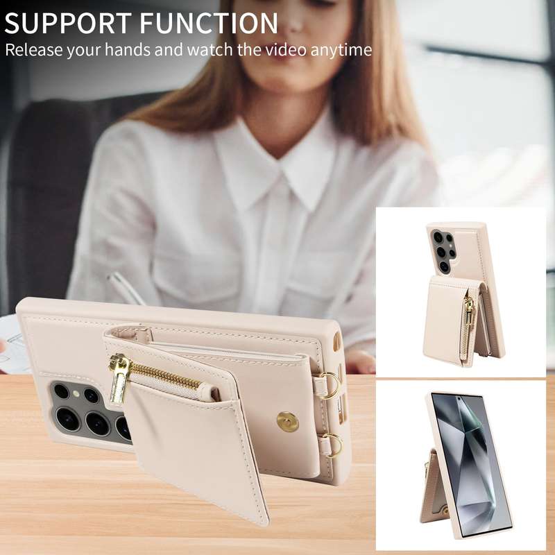 For Samsung Galaxy S24 Ultra 5G Crossbody Lanyard Zipper Wallet Leather Phone Case(Beige)