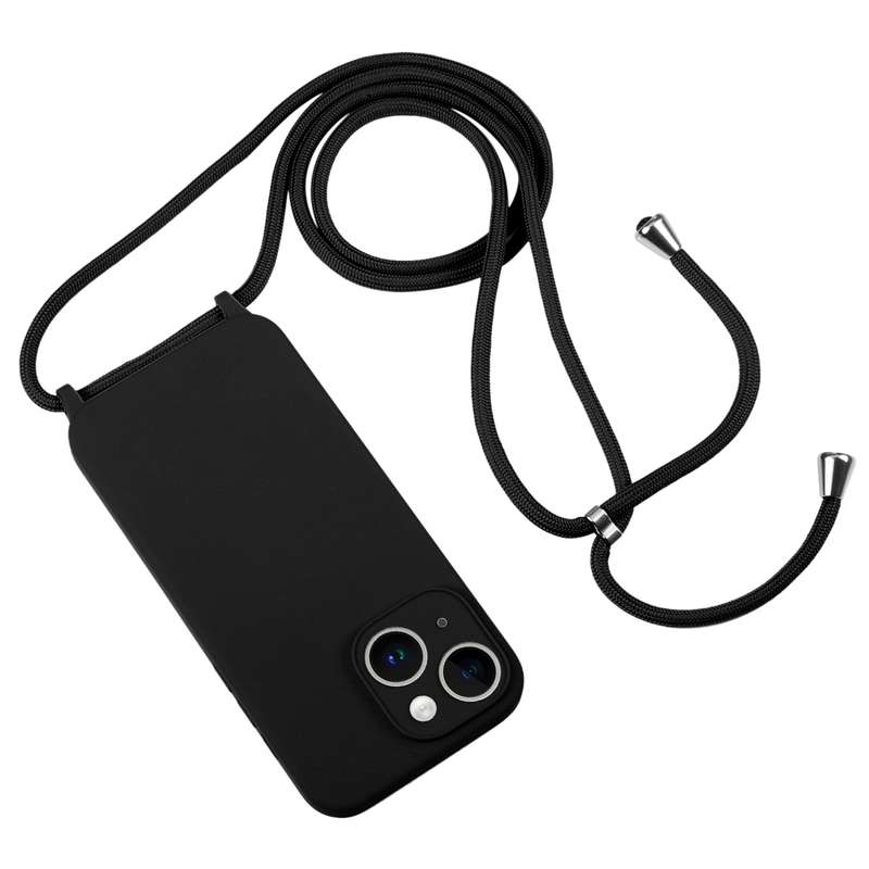 For iPhone 15 Crossbody Lanyard Liquid Silicone Case(Black)