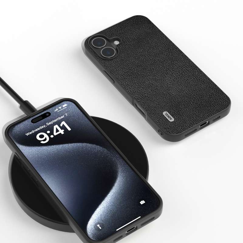 For iPhone 16 Plus ABEEL Black Edge Genuine Leather Mino Phone Case(Black)