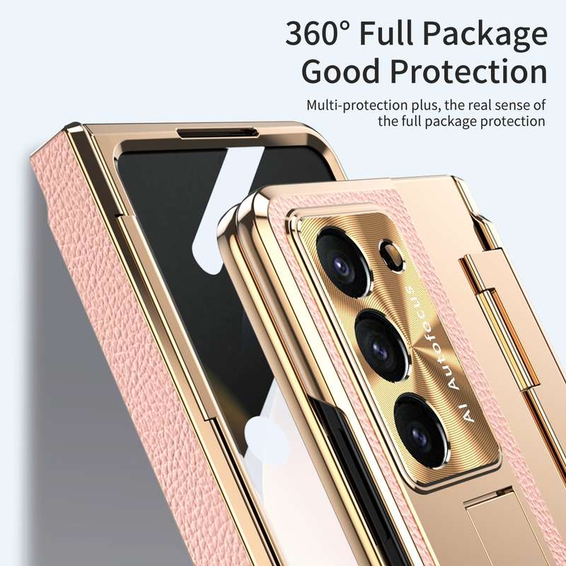 For Samsung Galaxy Z Fold5 5G Integrated Full Coverage Pen Slot Folding Phone Case with Stylus(Gold+