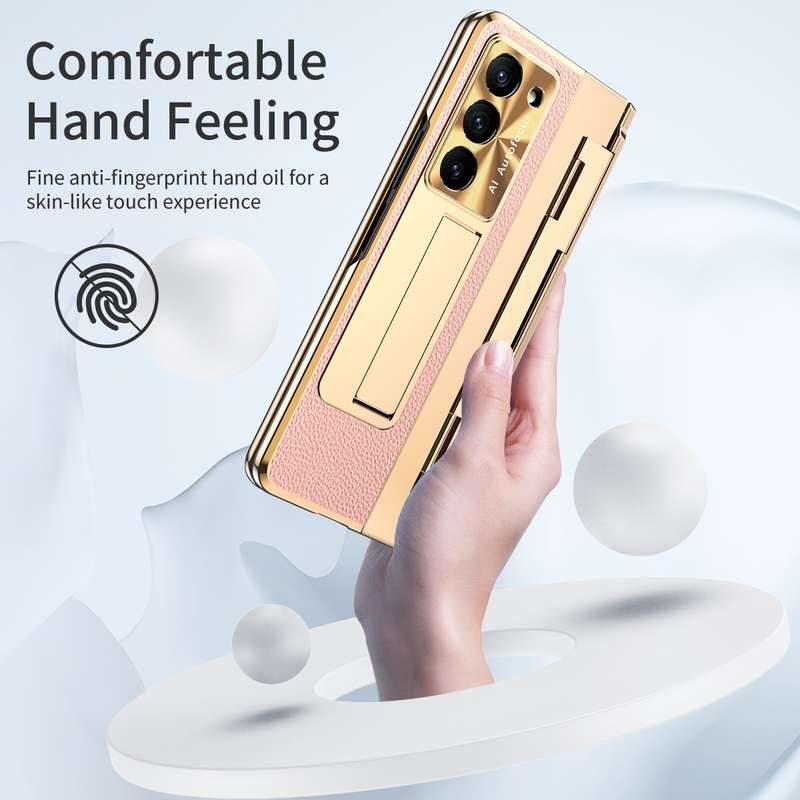 For Samsung Galaxy Z Fold5 5G Integrated Full Coverage Pen Slot Folding Phone Case with Stylus(Gold+