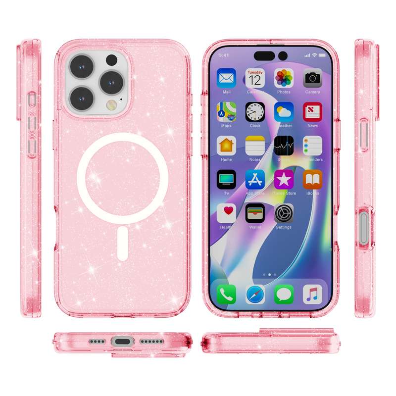 For iPhone 16 Pro Terminator Style Glitter Powder MagSafe Magnetic Phone Case(Pink)