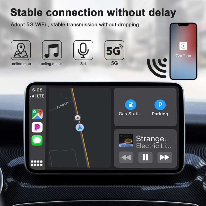 USB + USB-C / Type-C Wired to Wireless Carplay Adapter for iPhone(Black)