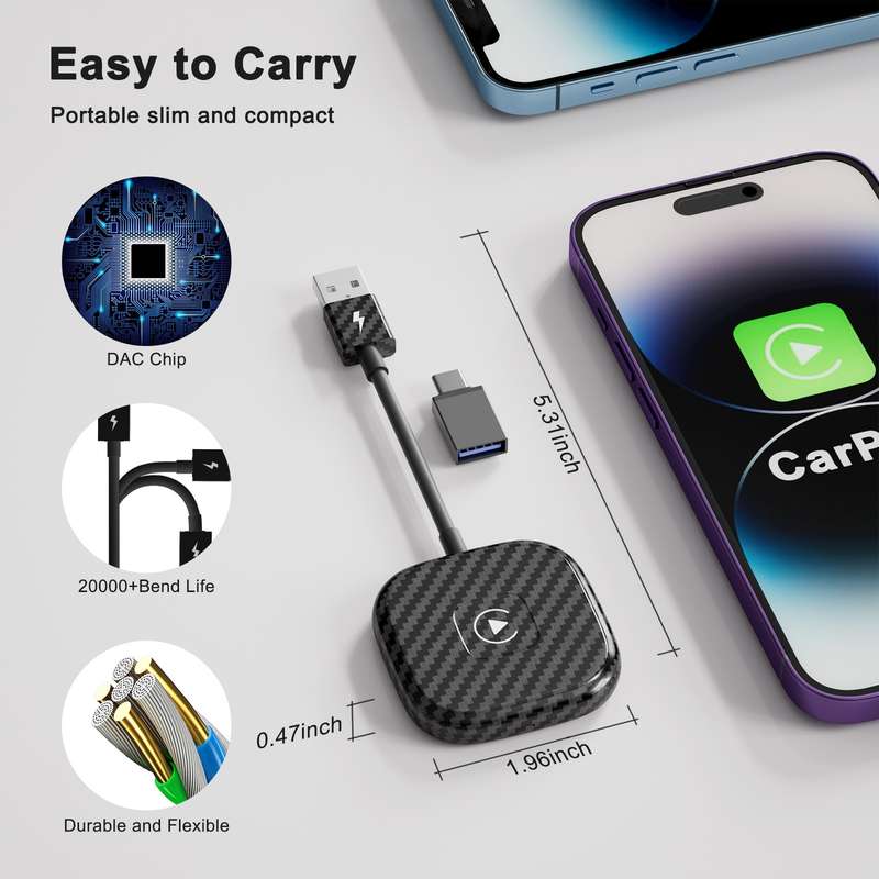 USB + USB-C / Type-C Wired to Wireless Carplay Adapter for iPhone(Black)