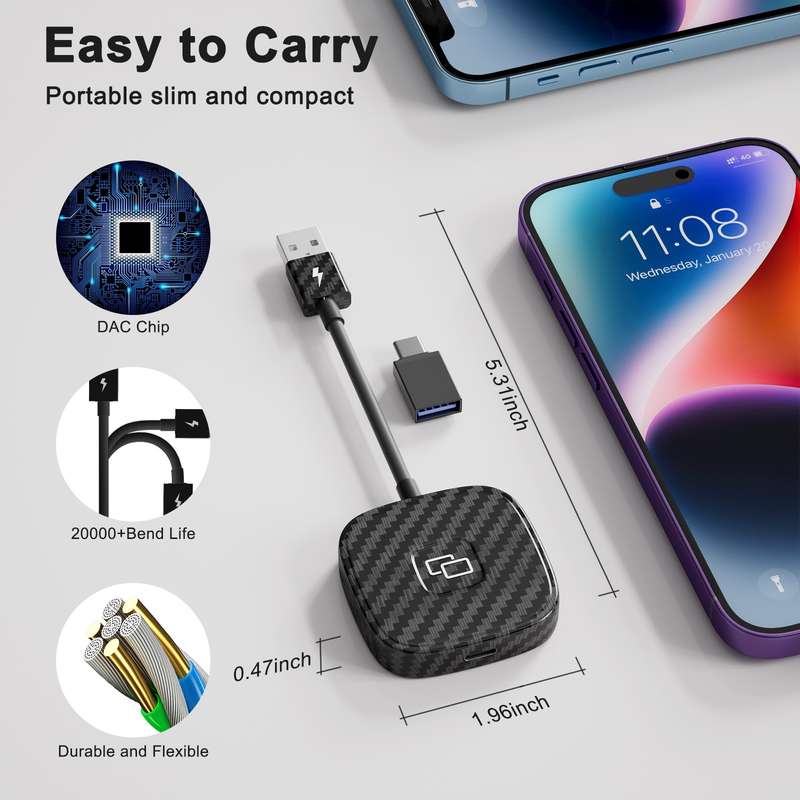 Carbon Fiber USB + USB-C / Type-C Carplay to Car Mirror Adapter for iPhone(Black)
