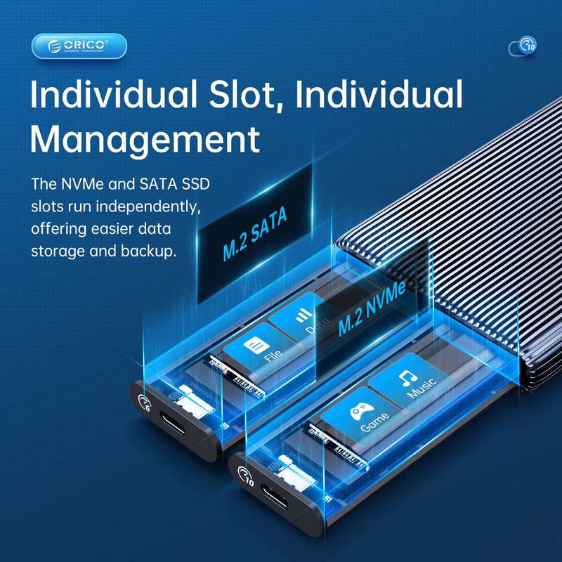 ORICO AM2C3-2SN Dual-bay M.2 NVME + SATA SSD Enclosure(Grey)