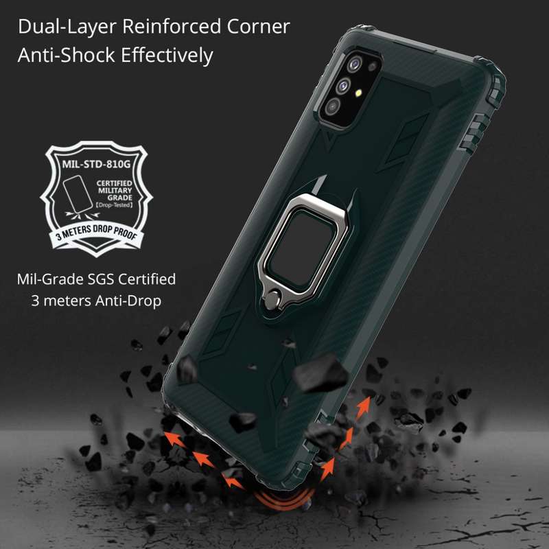 For Samsung Galaxy A31 Carbon Fiber Protective Case with 360 Degree Rotating Ring Holder(Black)