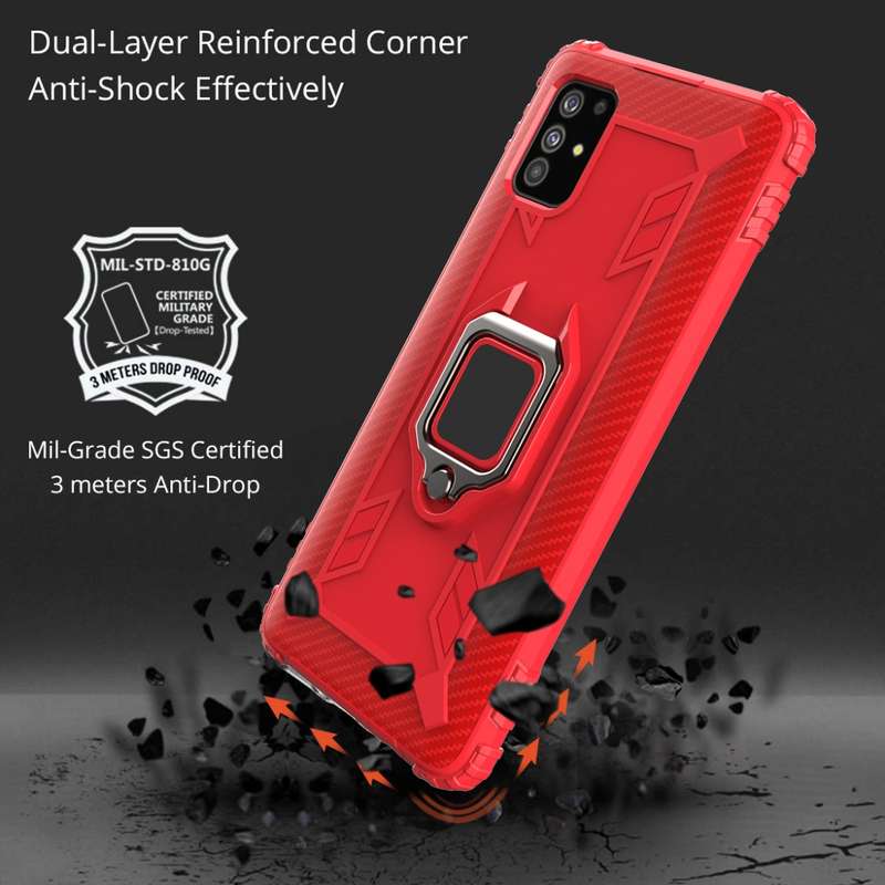 For Samsung Galaxy A31 Carbon Fiber Protective Case with 360 Degree Rotating Ring Holder(Black)