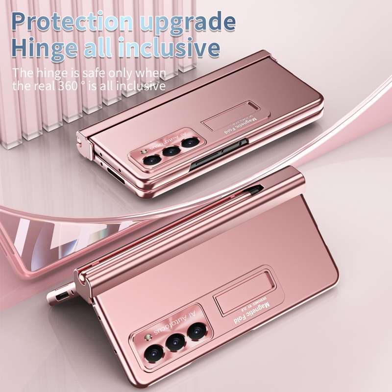 For Samsung Galaxy Z Fold5 Electroplating Corrugated Hinge Folding Phone Case with Pen Slot(Pink)