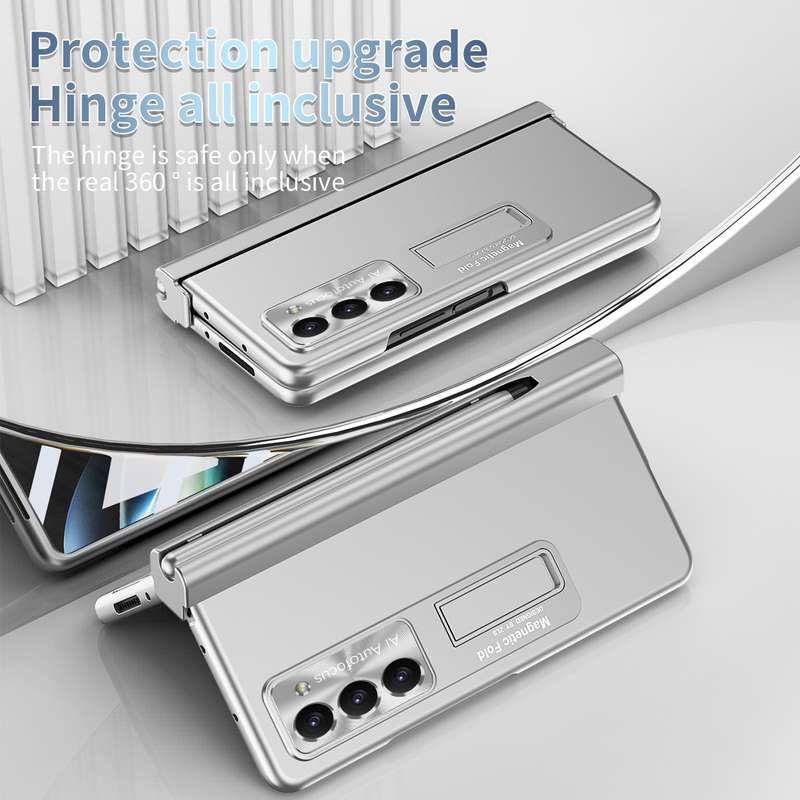For Samsung Galaxy Z Fold5 Electroplating Corrugated Hinge Folding Phone Case with Pen Slot(Pink)