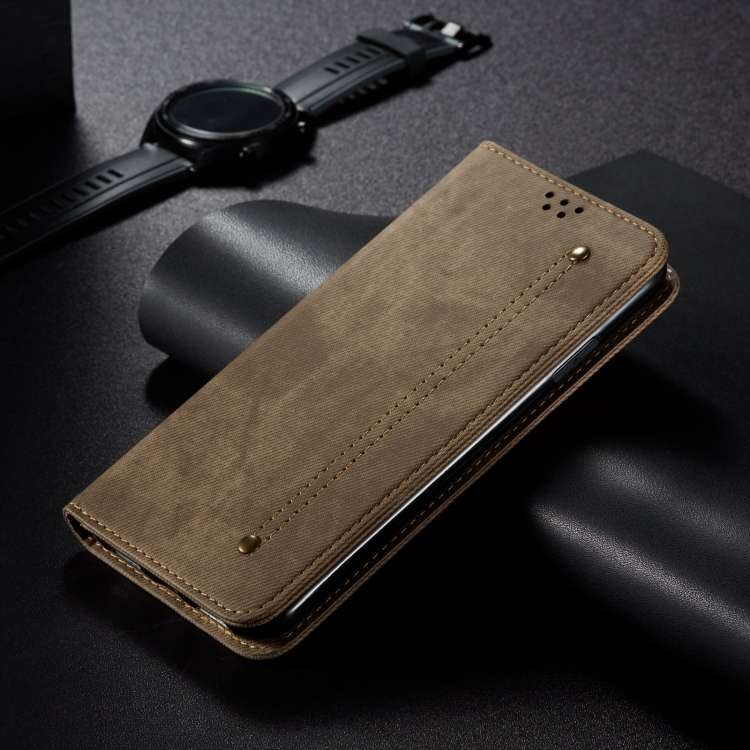 For iPhone 16 Denim Texture Casual Style Horizontal Flip Leather Case(Khaki)