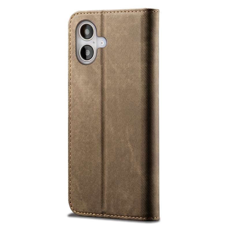 For iPhone 16 Denim Texture Casual Style Horizontal Flip Leather Case(Khaki)