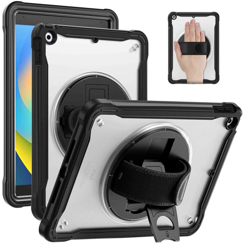 For iPad 10.2 2021 / 2020 / 2019 Heavy Duty Hybrid Tablet Case with Hand Grip & Strap(Khaki)