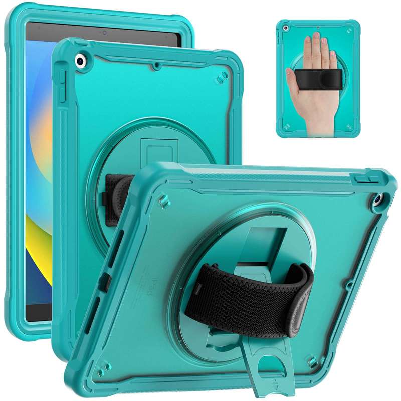 For iPad 10.2 2021 / 2020 / 2019 Heavy Duty Hybrid Tablet Case with Hand Grip & Strap(Khaki)