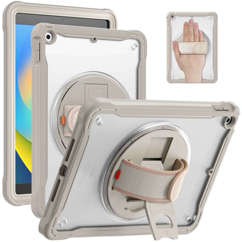 For iPad 10.2 2021 / 2020 / 2019 Heavy Duty Hybrid Tablet Case with Hand Grip & Strap(Khaki)